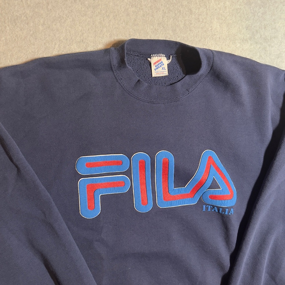 Vintage FILA Italia Sweatshirt Mens XL Navy Blue Jerzees Super Sweats USA 90s